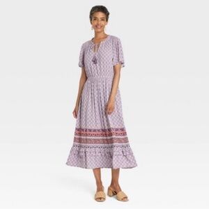 Knox Rose Womens Tiered Maxi Dress Size XL Purple Floral Short Sleeve Tassles